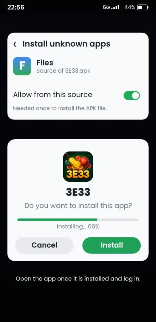 3E33 APK install screen on Android – allow unknown apps and tap Install