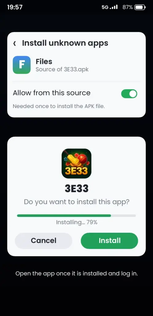 3E33 APK install screen on Android – allow unknown apps and tap Install