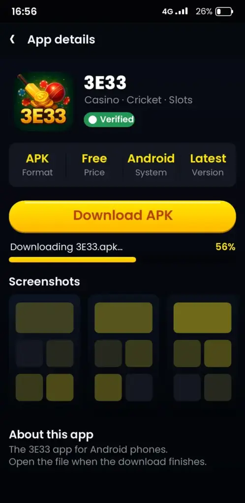 3E33 app download screen with the Download APK button on Android