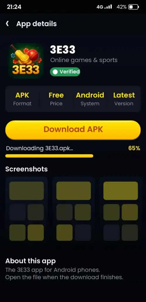 3E33 app download screen with the Download APK button on Android