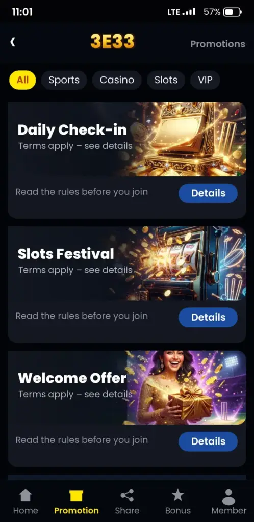 3E33 bonus and promotions screen in the app