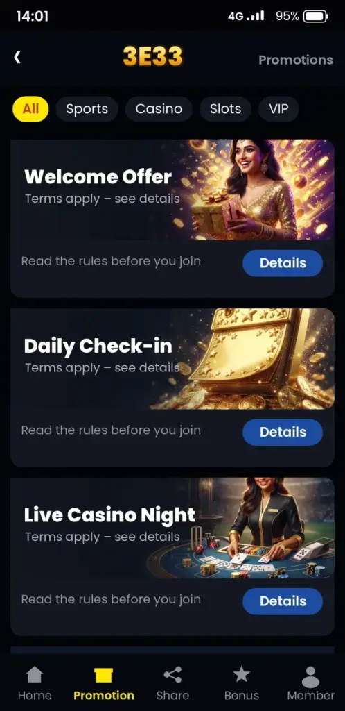 3E33 Bonuses – bonus and promotions screen in the app