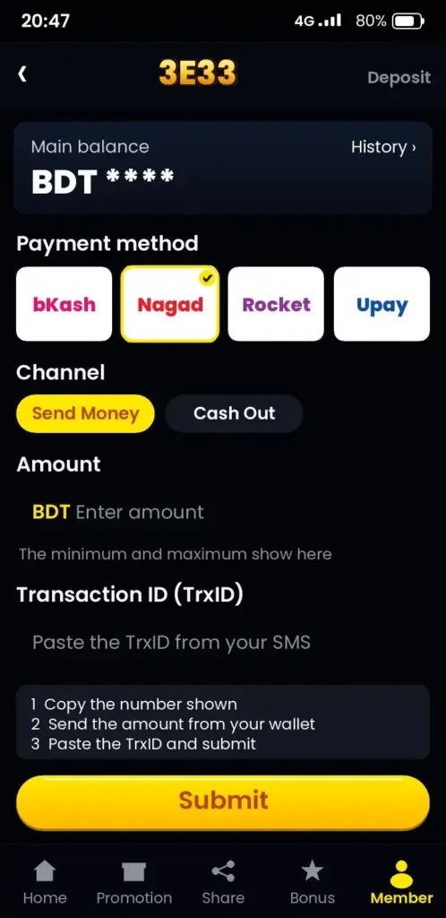 3E33 deposit screen with bKash, Nagad and Rocket payment methods