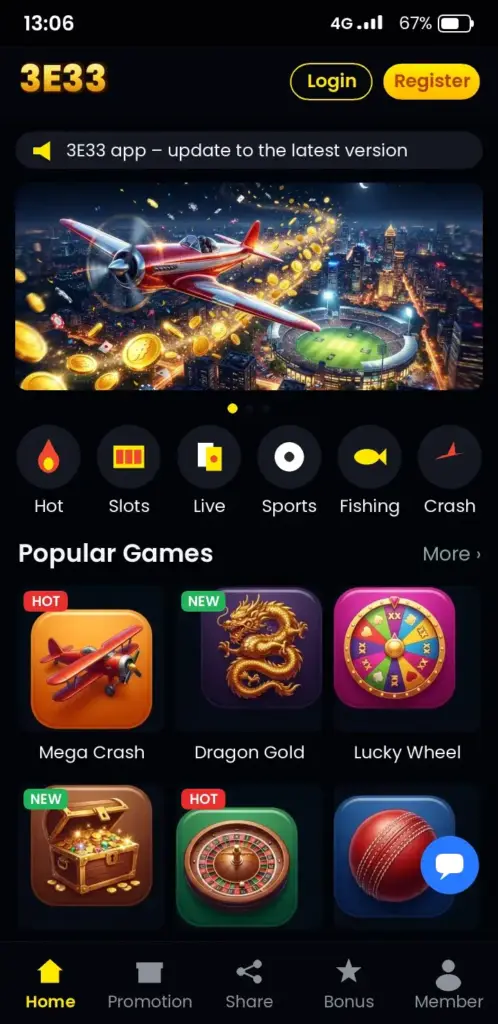 3E33 app game lobby with slots, live casino and crash games