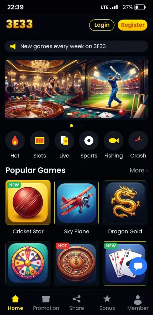 3E33 app game lobby with slots, live casino and crash games