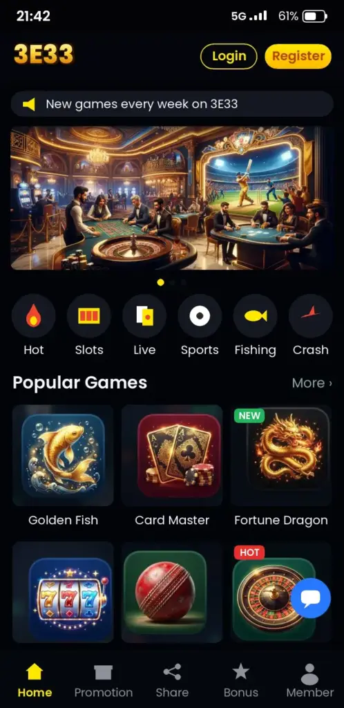 3E33 app game lobby with slots, live casino and crash games