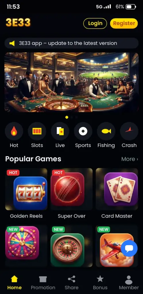 3E33 Aviator – app game lobby with slots, live casino and crash games