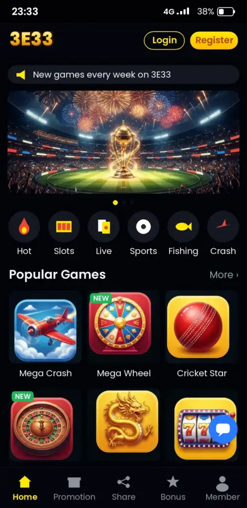3E33 app game lobby with slots, live casino and crash games