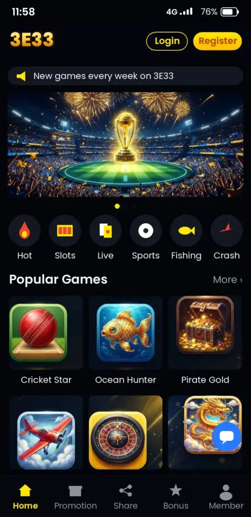 3E33 Slots – app game lobby with slots, live casino and crash games