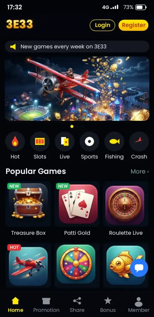 3E33 app game lobby with slots, live casino and crash games