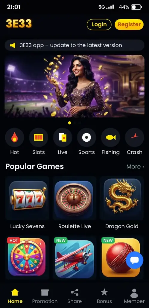 3E33 app game lobby with slots, live casino and crash games
