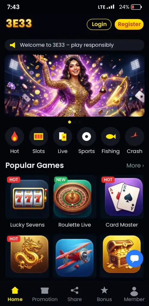 3E33 app game lobby with slots, live casino and crash games