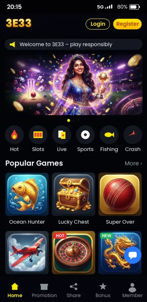 3E33 Casino Games – app game lobby with slots, live casino and crash games