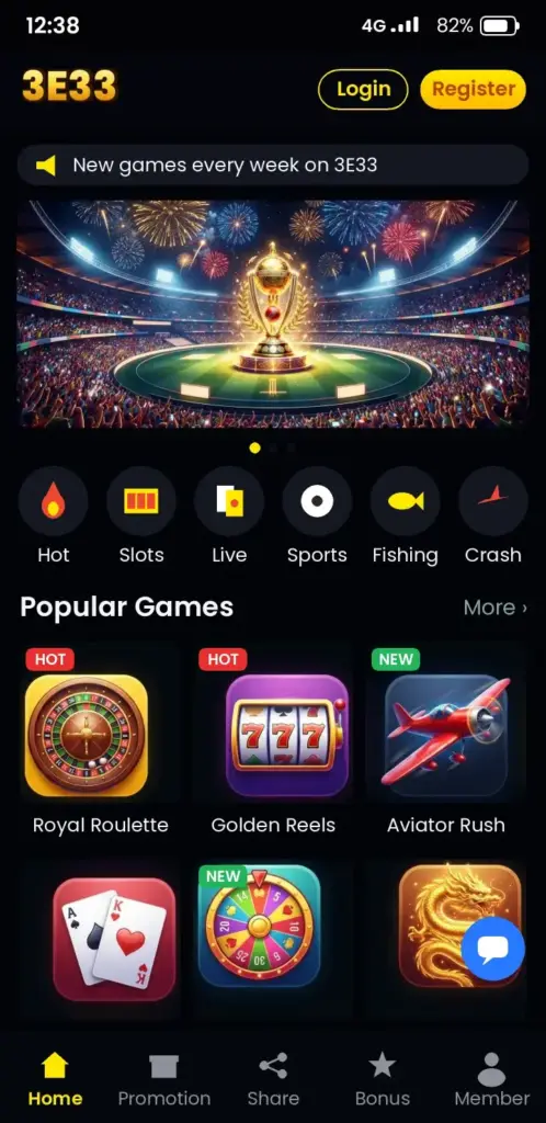 3E33 app game lobby with slots, live casino and crash games