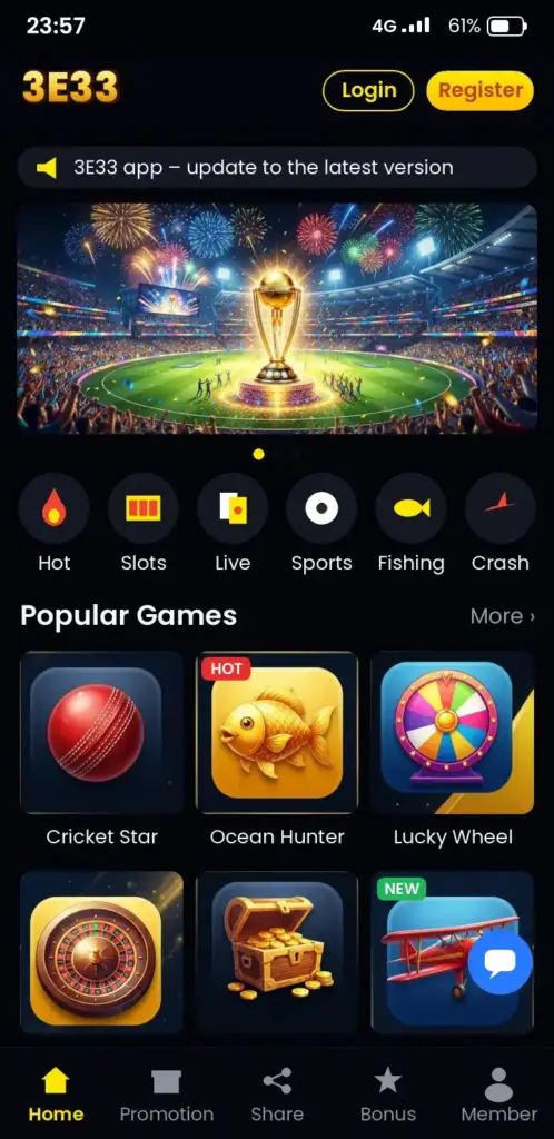 3E33 app game lobby with slots, live casino and crash games