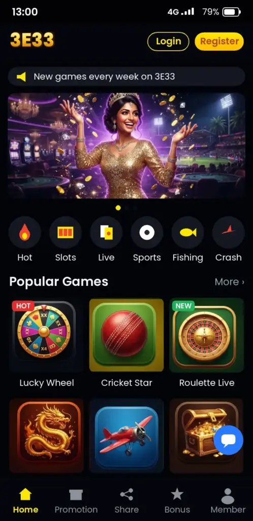 3E33 app game lobby with slots, live casino and crash games