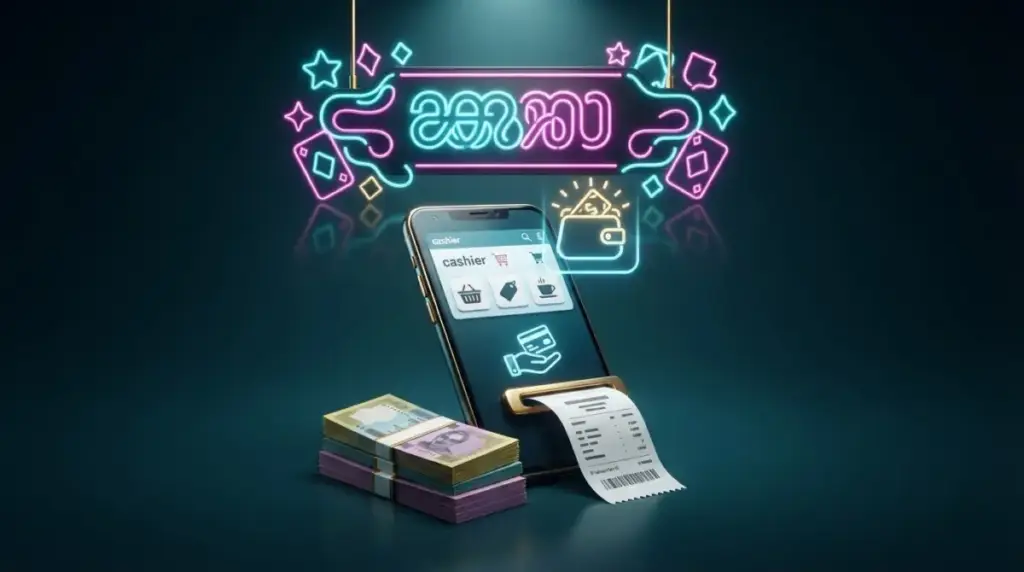 3E33 cashier screen on a phone with a mobile wallet deposit and taka notes